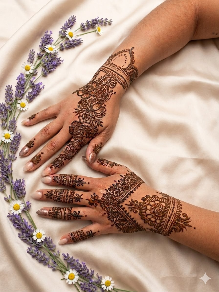 Decorative henna design across a hand and fingers
